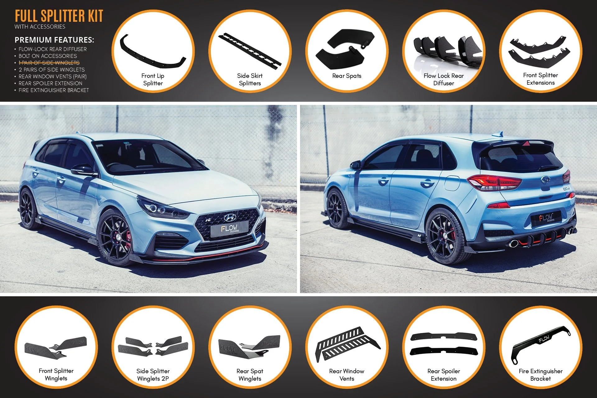 Flow Designs Hyundai i30N Hatch PD (2018-2020) Full Lip Splitter Set - Image 25